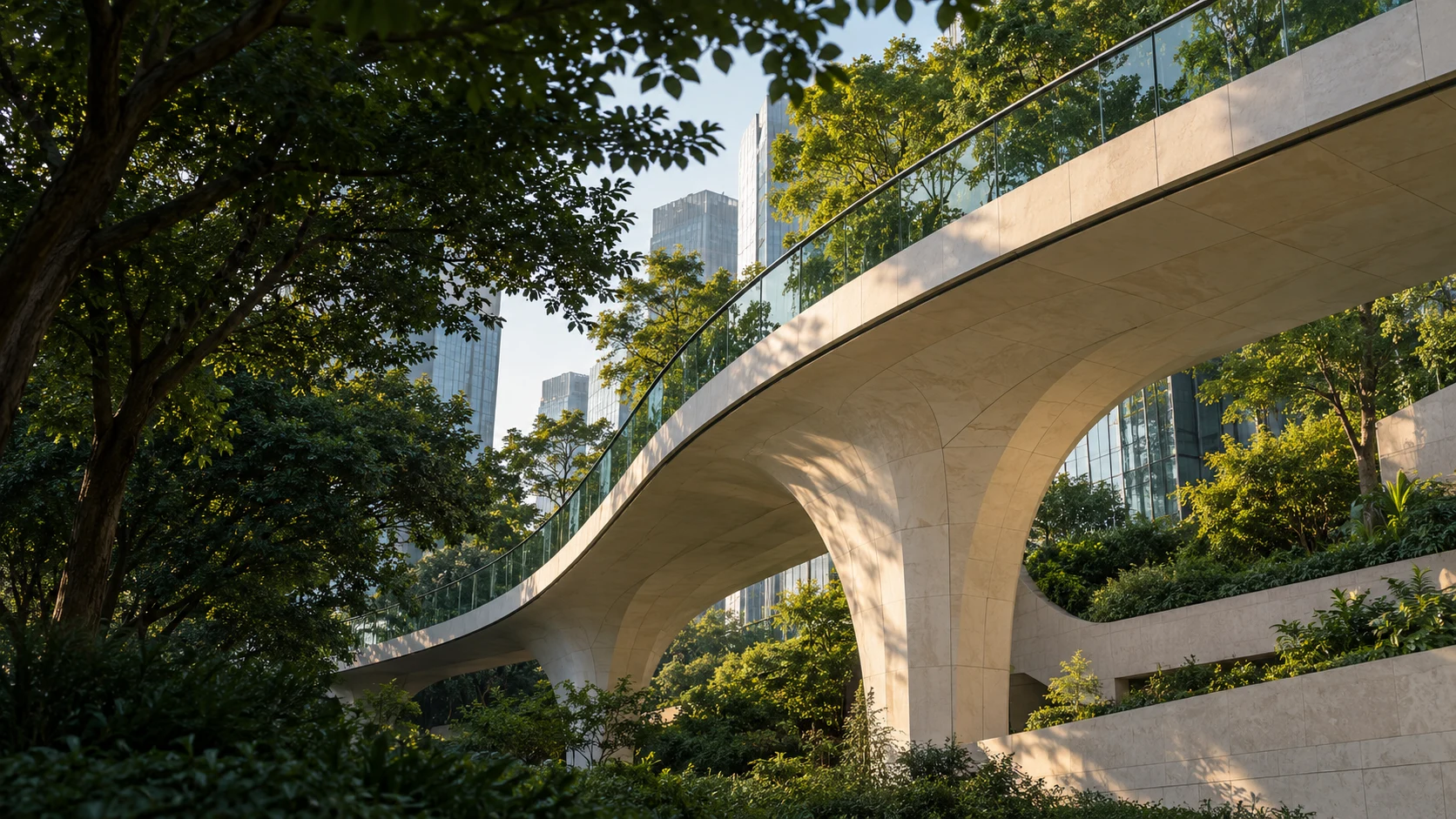 Sculptural stone bridge through a green urban landscape